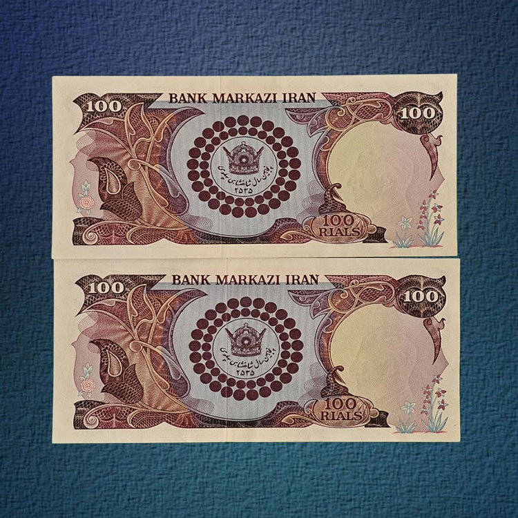 تصویر پشت جفت اسکناس 100 ریال پهلوی یادبودی معروف به پدر پسر